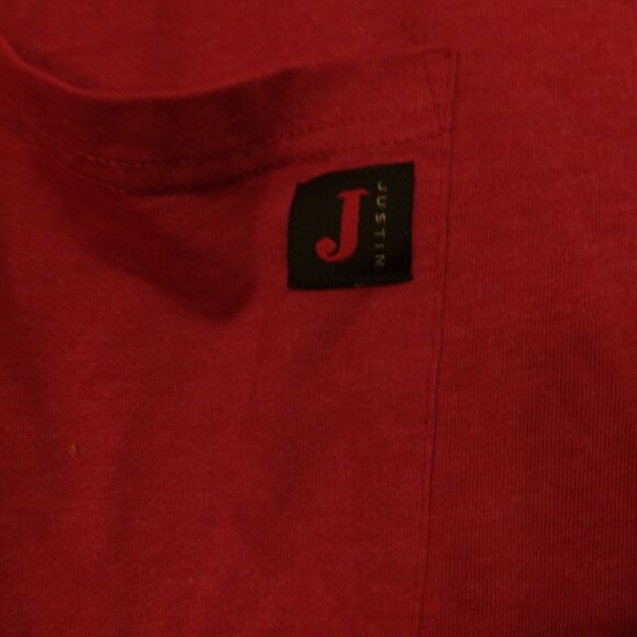 Justin Boots tshirt mens 2XL XXL red long sleeve graphic logo pocket western - Picture 3 of 8